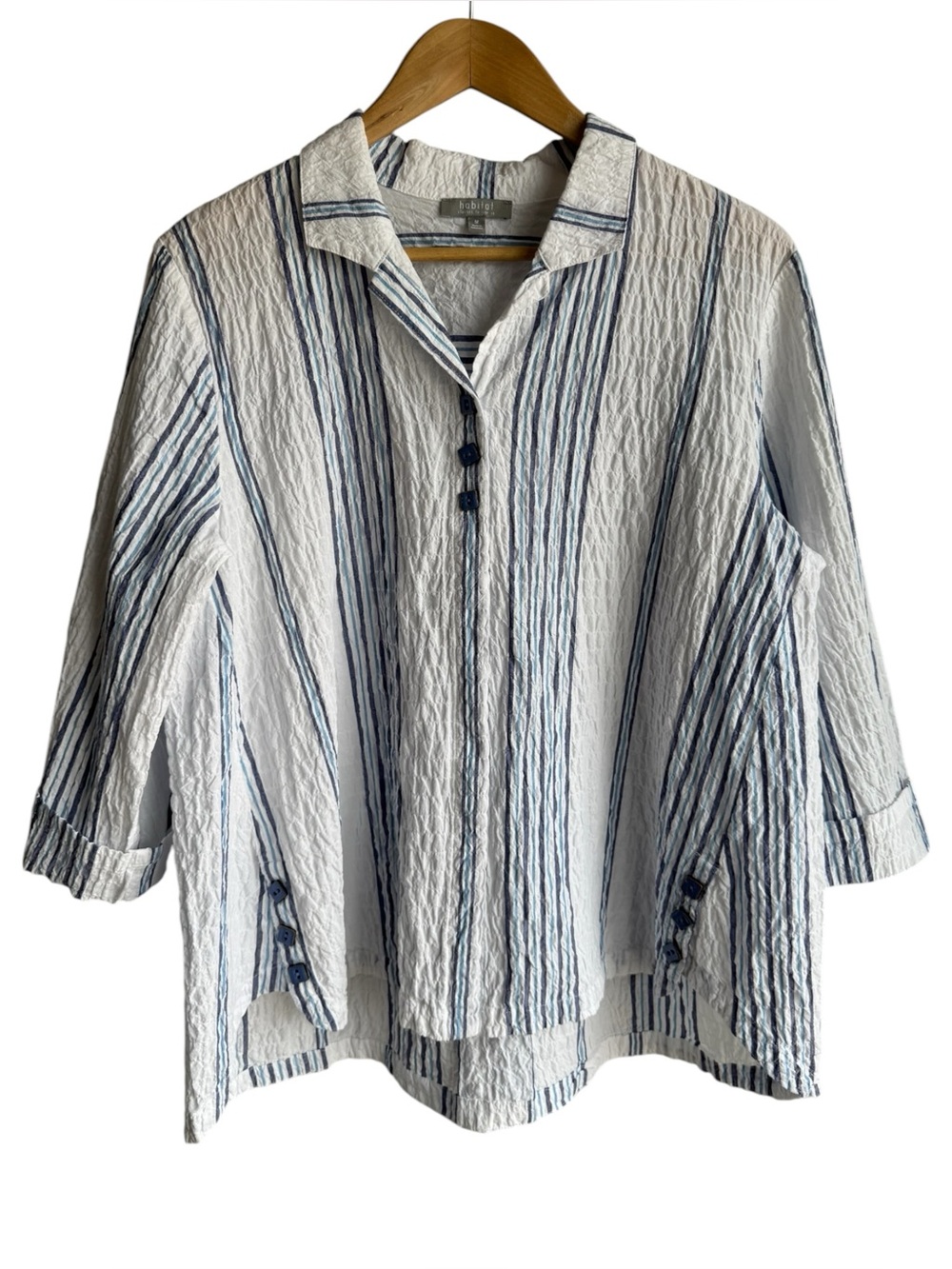 Habitat Breezy Striped Summer Top Medium Relaxed Fit 3/4 Sleeve Shirt White Blue